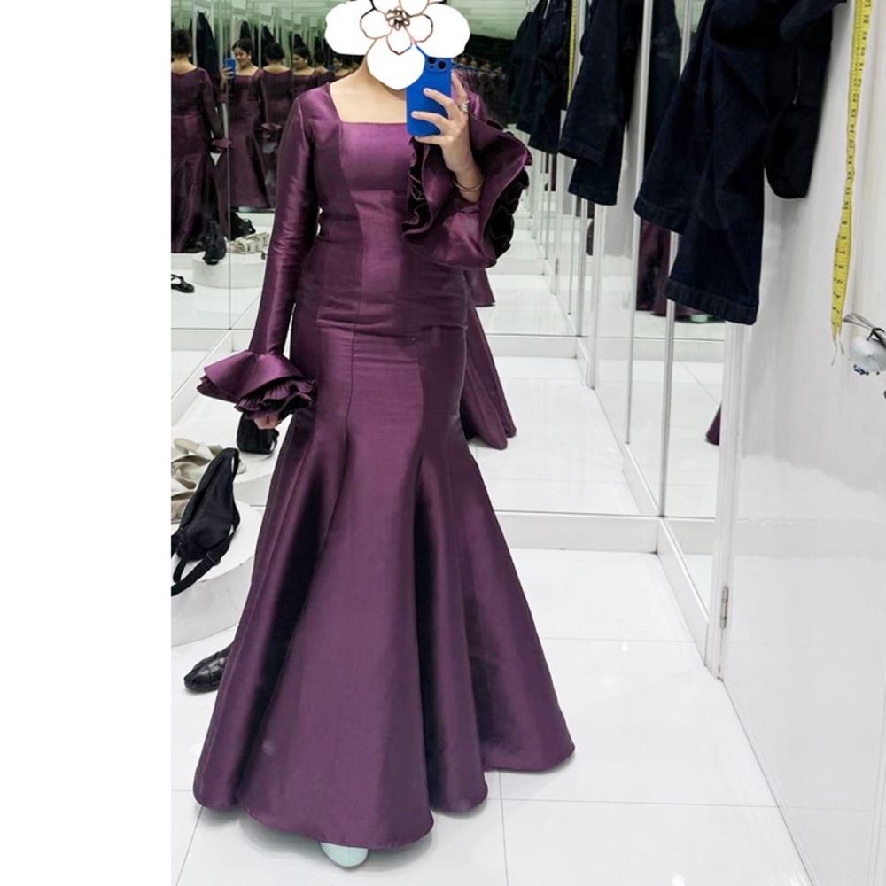 Custom Made Deep Plum Square Necked Satin Gown - Long Sleeved